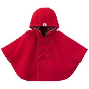 Miki House Baby/Toddler Hooded Fleece Poncho (6-24MO) in Red with Tartan Lining